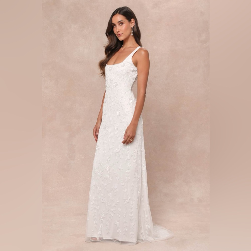 Lulu's White Embellished Square-Neck Wedding Gown - Picture 3 of 12